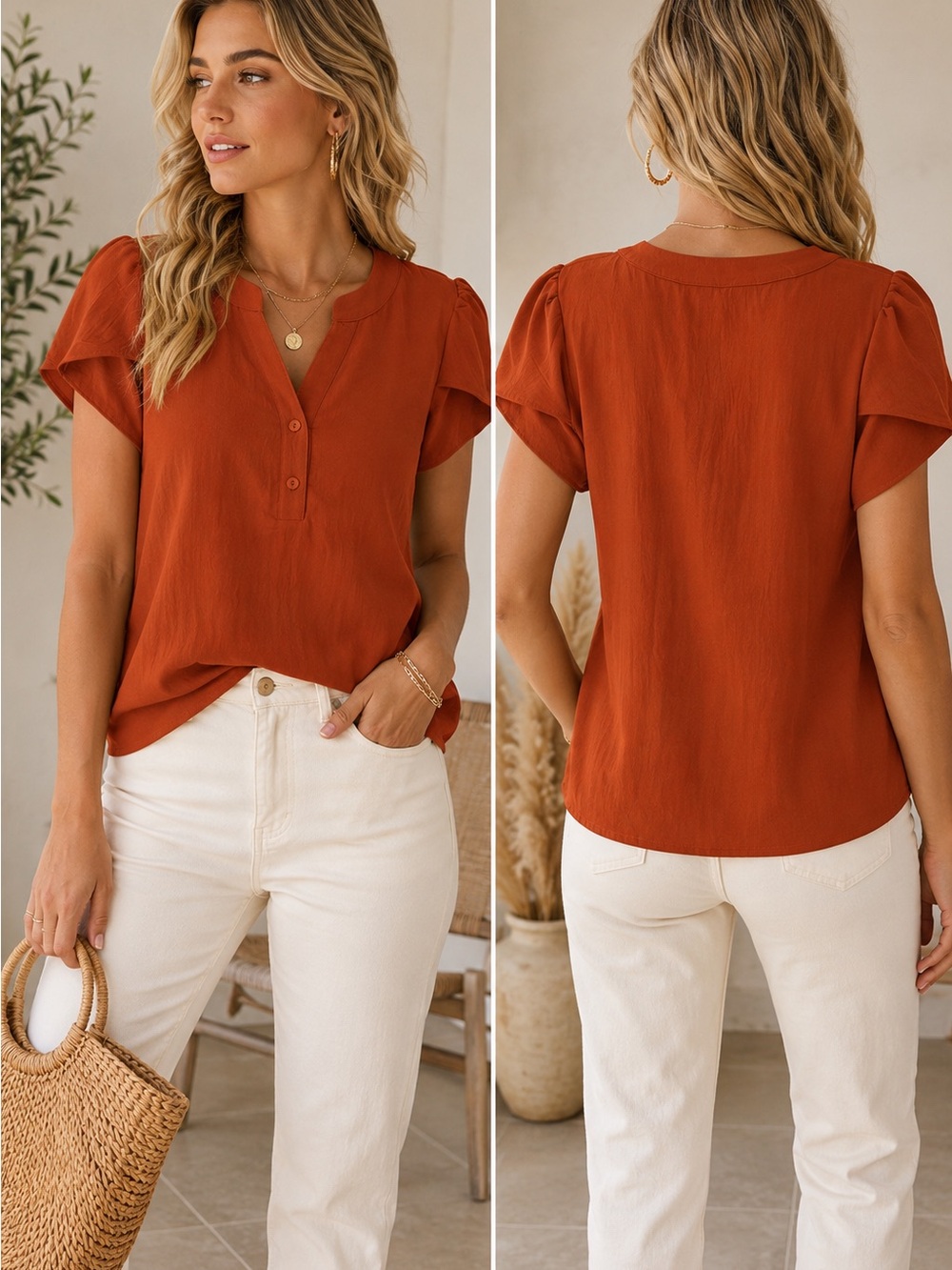 Women’s Rust Short Sleeve V-Neck Henley Blouse
